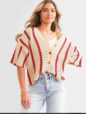 Le Lis women’s red & tan striped short sleeve cardigan sweater